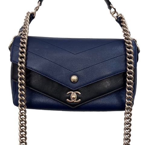 Chanel Patent Leather Chevron Double Flap Handbag Navy Blue