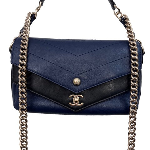 Chanel Elaphe Double Chevron Flap Bag Medium Navy Blue / Black