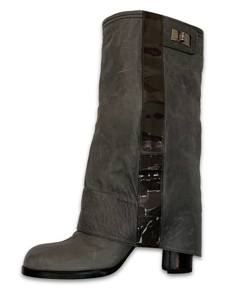 CHANEL Gray Leather Fold Over Boots Size 38