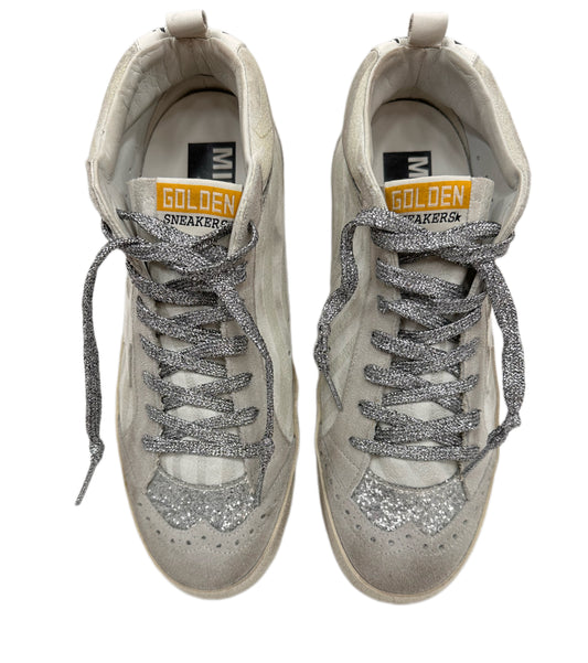 GOLDEN GOOSE Suede/ Glitter Mid Star Sneaker White/Silver