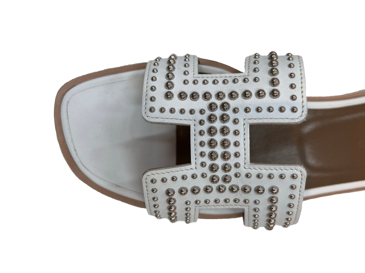 HERMES Leather Studded Tomette Oran Sandals White Size 37