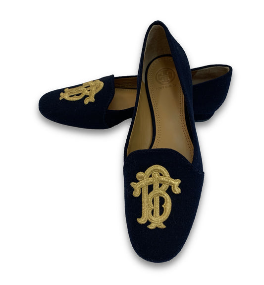 TORY BURCH Suede Embroidered Flats Navy Size 7