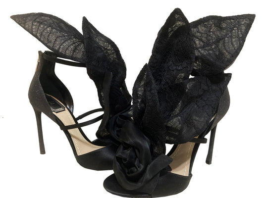 CHRISTIAN DIOR Satin Floral Glitter Sandals Black Size 37