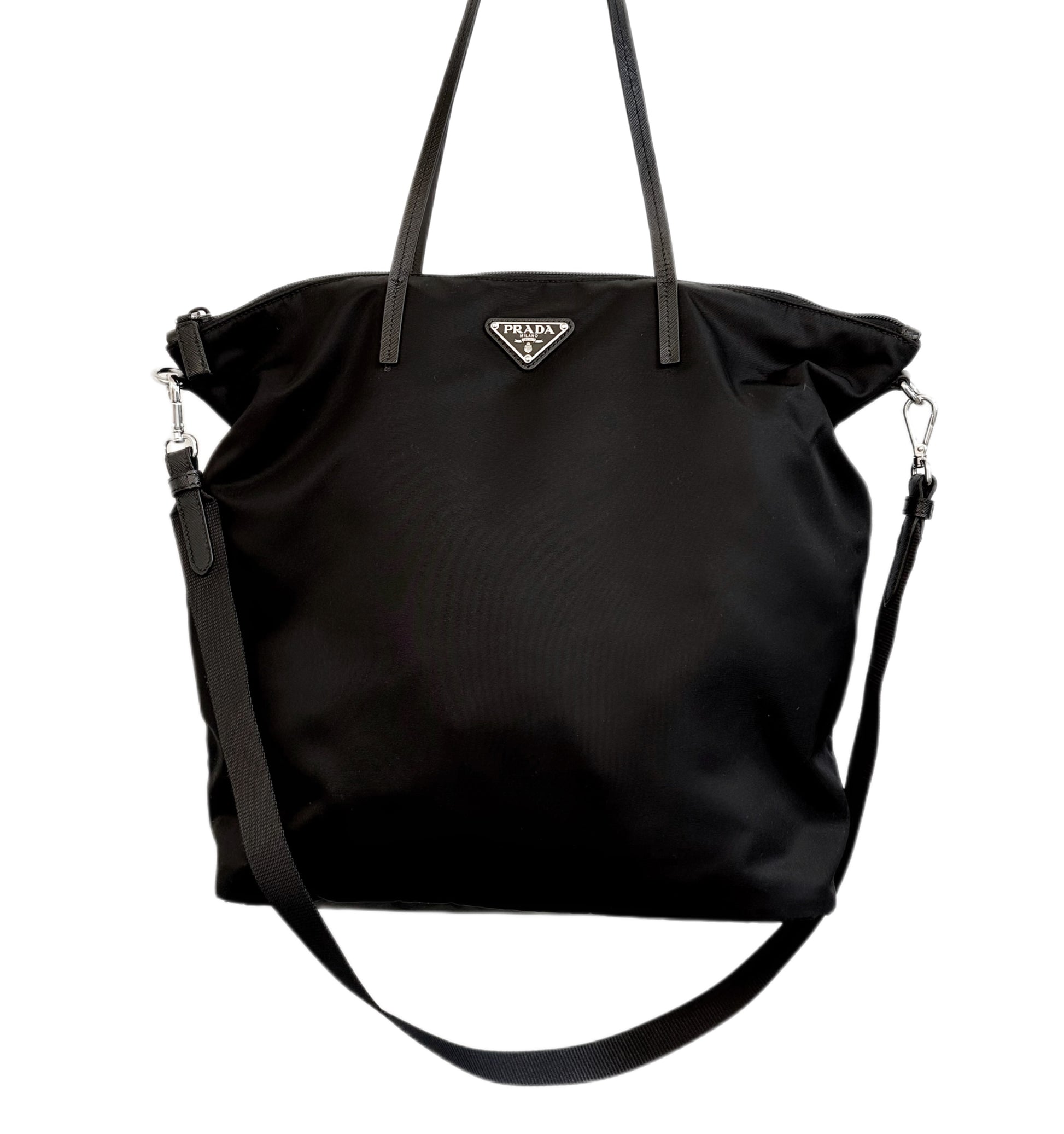 Prada Tessuto Nylon Saffiano Leather Black Shopping Tote Bag