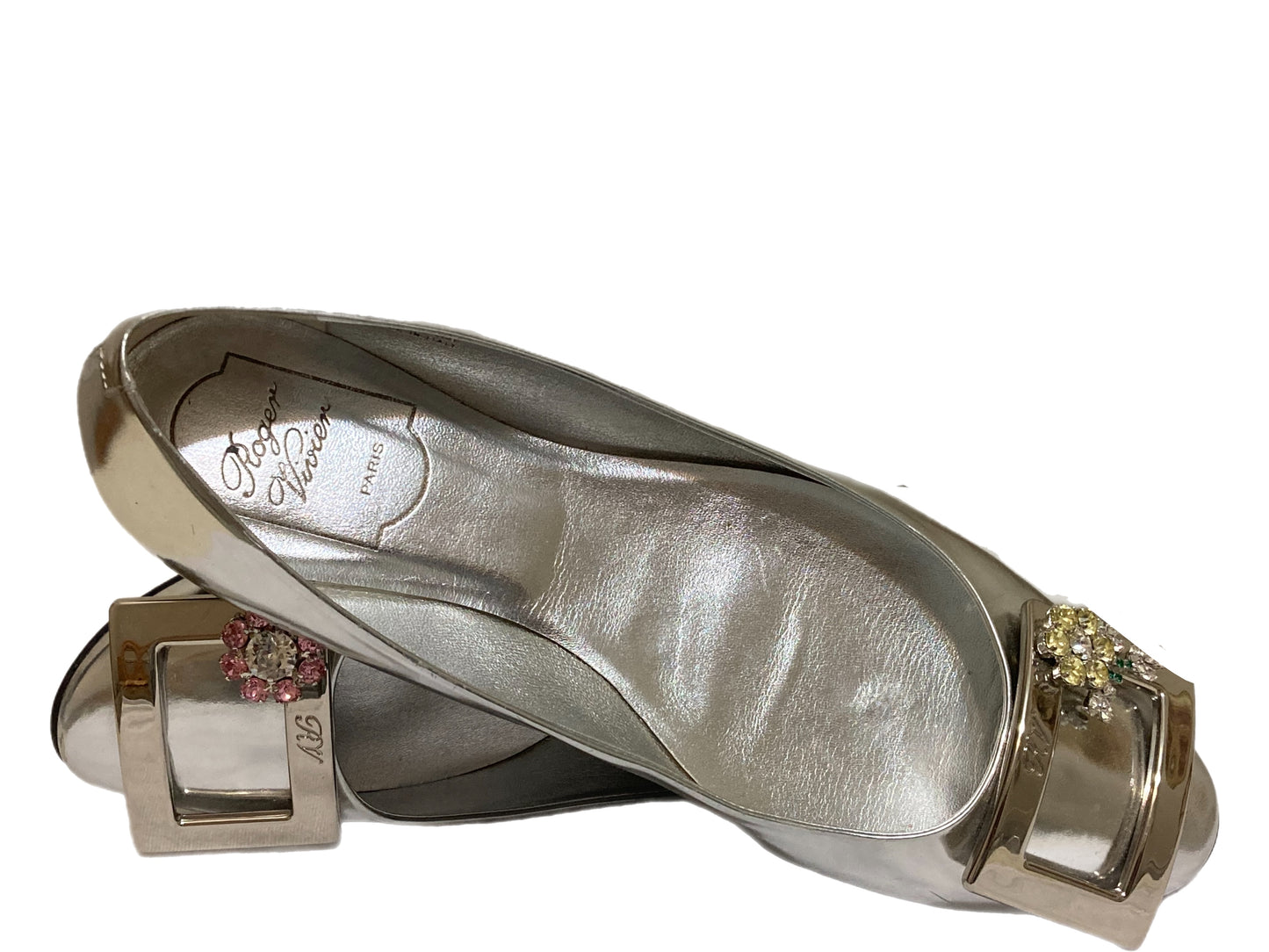 ROGER VIVIER Leather Metallic Flats Silver Size 39
