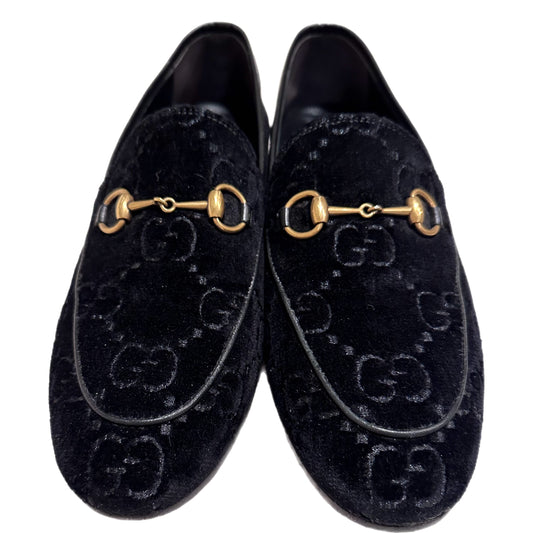 GUCCI Velour Jordaan GG Loafers Black Size 38.5