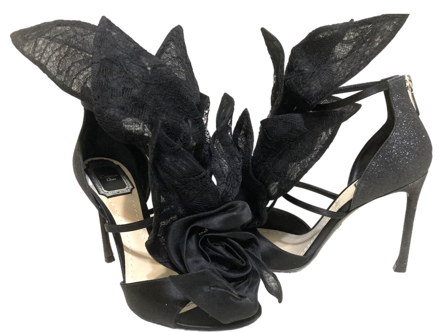 CHRISTIAN DIOR Satin Floral Glitter Sandals Black Size 37