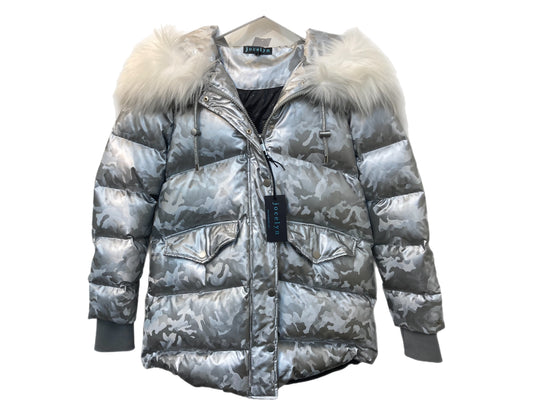 JOCELYN Camo Print Puffer Coat Size Small Silver