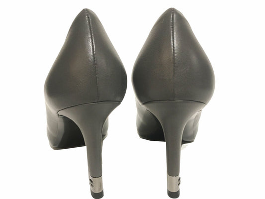 CHANEL Leather Logo Pumps Dark Gray Size 37.5
