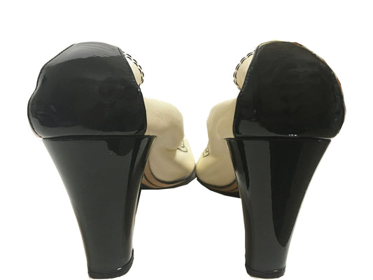 CHANEL Leather & Patent Pumps Ivory & Black Size 37.5